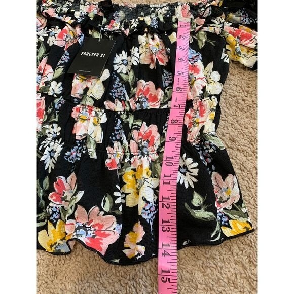 Forever 21 black top women floral  smock waist crop top size M boho streetwear - Picture 5 of 8